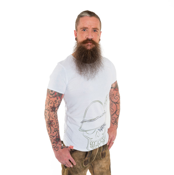 HERREN T-SHIRT WEISS, DRUCK KHAKI MIT SCHWARZ